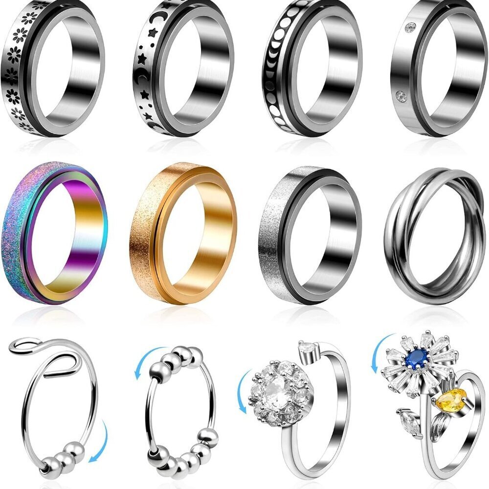 12Pcs Anxiety Fidget Rings for Women, Stainless Steel Spinner Rings Moon and Sta - Picture 1 of 7